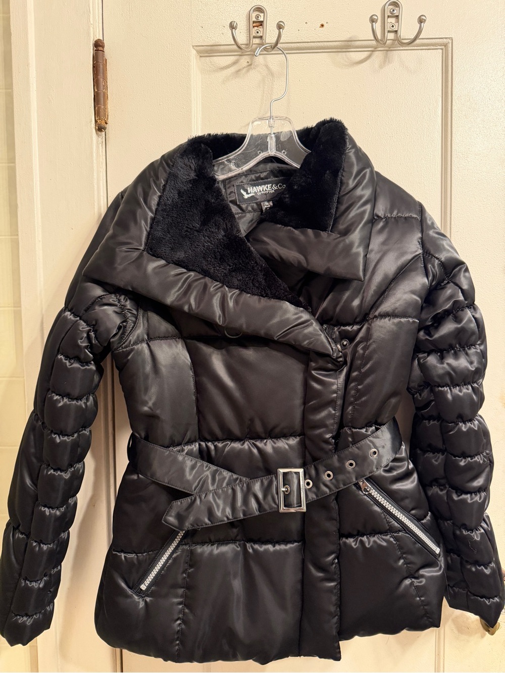 Hawke & Co Black Quilted Belted Puffer Jacket with Faux Fur Collar
